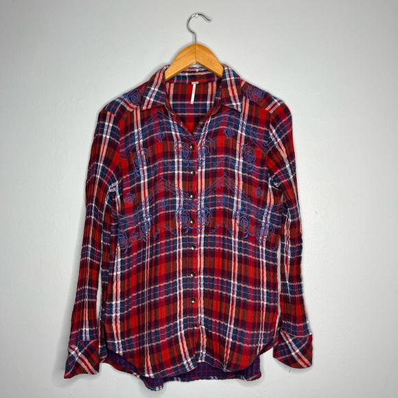 Free People Women's Magical Plaid Embroidered Button Down Top E - Picture 4 of 10